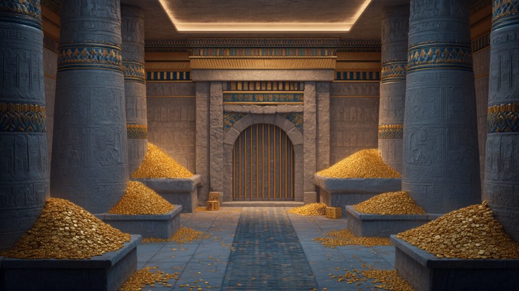 Ancient Egyptian treasury room with golden coins