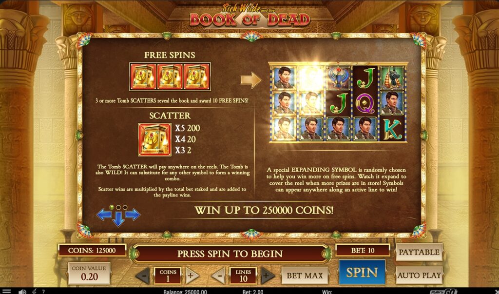 Book of Dead paytable showing Tomb Scatter payouts and Special Expanding Symbol rules